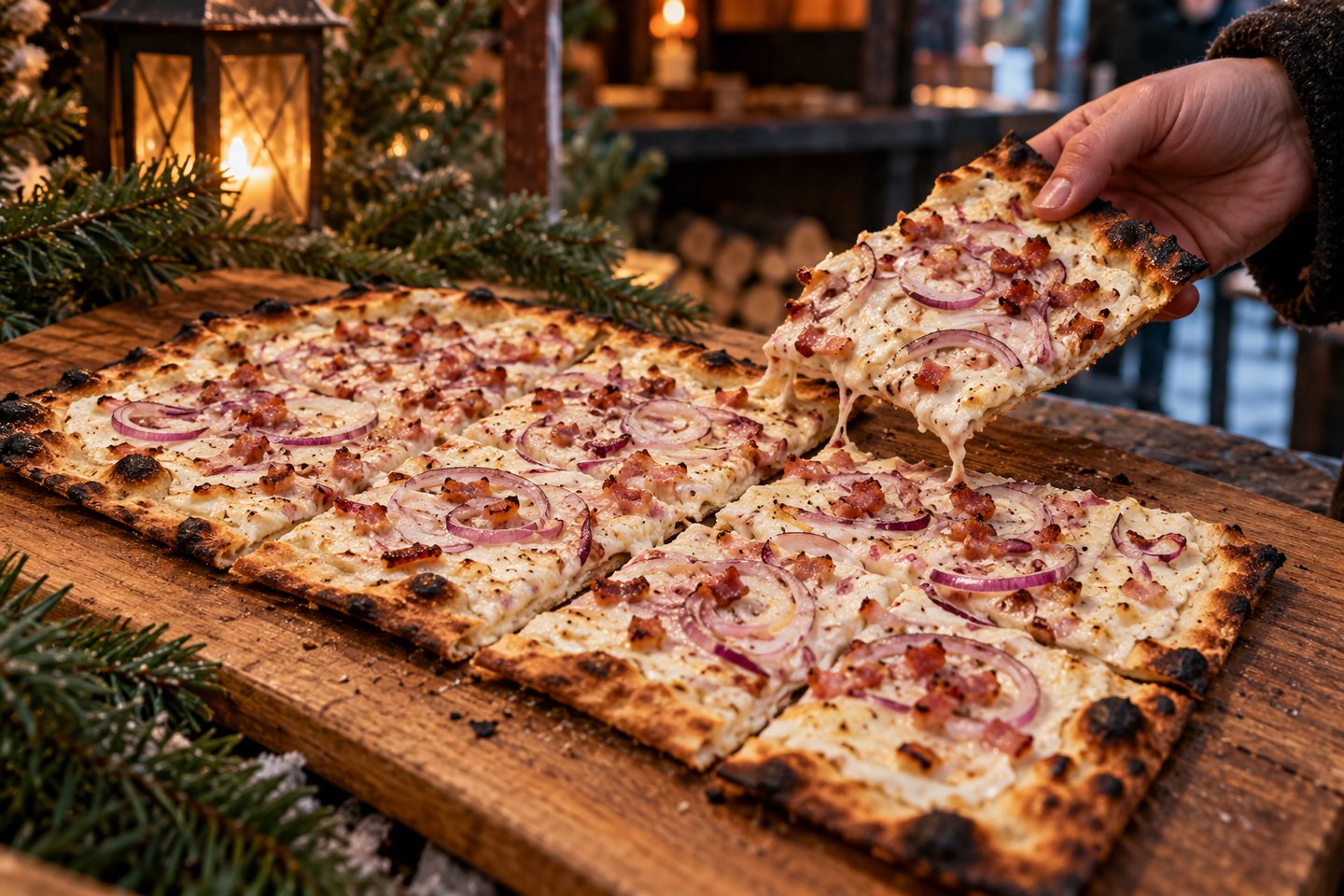 Flammkuchen auf einem Holzbrett