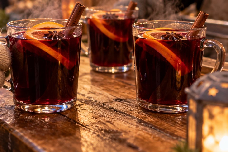 Heißer Glühwein in Gläsern auf einer Holztheke