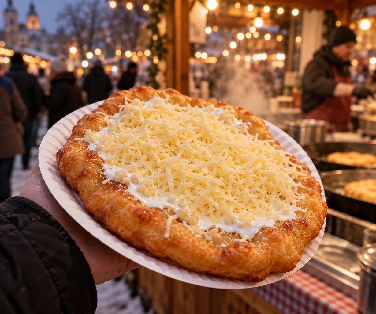 Frisch ausgebackener Langos auf einem Pappteller