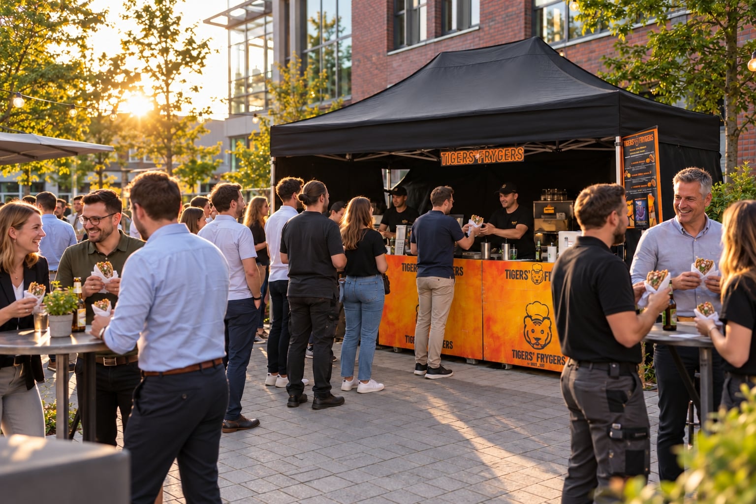 Firmenevent im Innenhof eines Bürogebäudes, Kolleginnen und Kollegen mit Frygers an Stehtischen vor dem Tigers' Frygers-Stand