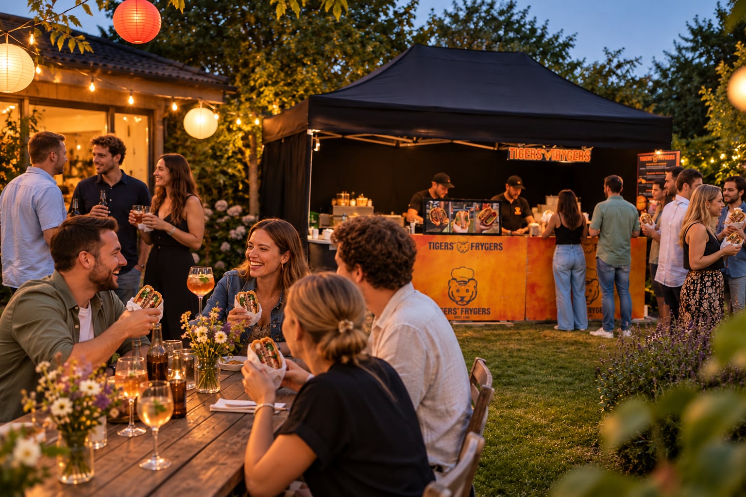 Geburtstagsfeier im Garten mit Lampions, Gäste essen Frygers am Tisch, dahinter der Tigers' Frygers-Stand
