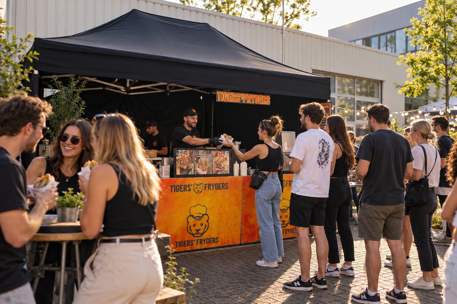 Gäste stehen am Tigers' Frygers-Stand an, daneben essen Freunde an einem Stehtisch Frygers aus Papier