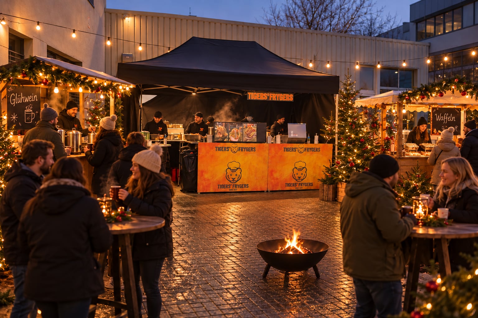 Kleiner Weihnachtsmarkt am Abend: Tigers' Frygers-Stand zwischen Glühwein- und Waffelstand, Feuerschale, Stehtische und Lichterketten