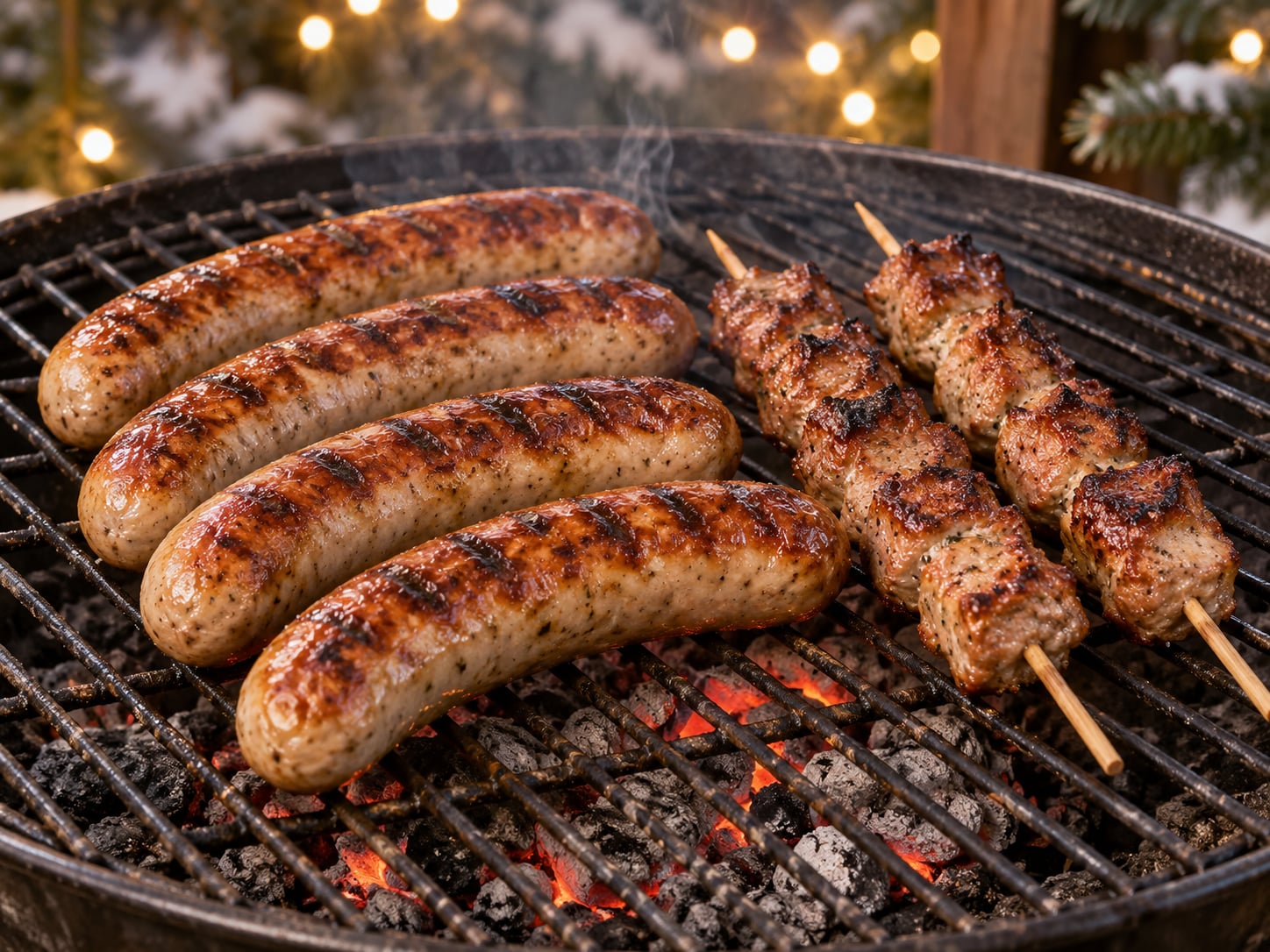 Bratwürste und Spieße auf einem Holzkohlegrill, im Hintergrund Lichterketten und Tannengrün