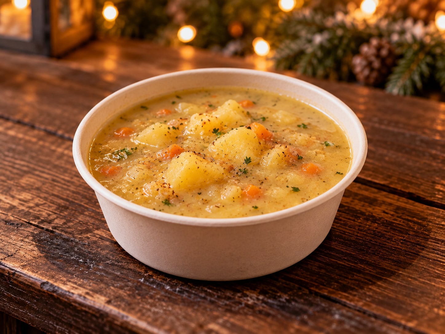Eine Schale Kartoffelsuppe auf einer Holztheke, im Hintergrund Tannengrün und Lichterketten