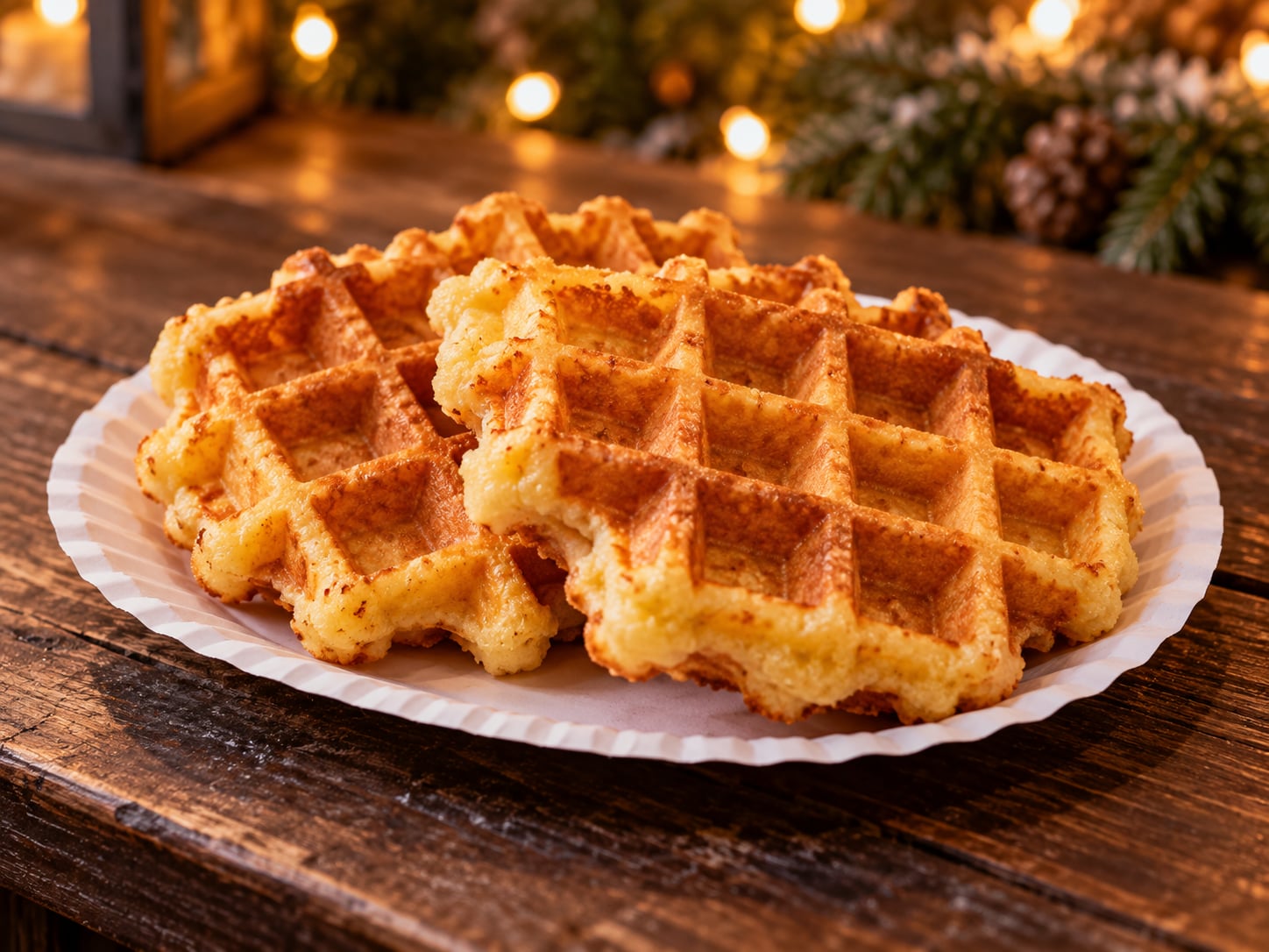 Frisch gebackene Waffeln auf einem Pappteller auf einer Holztheke mit Lichterketten