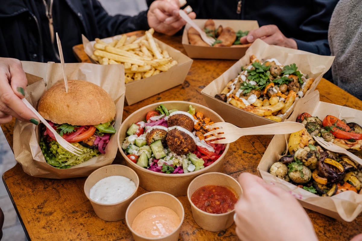 Streetfood-Auswahl in Pappschalen
